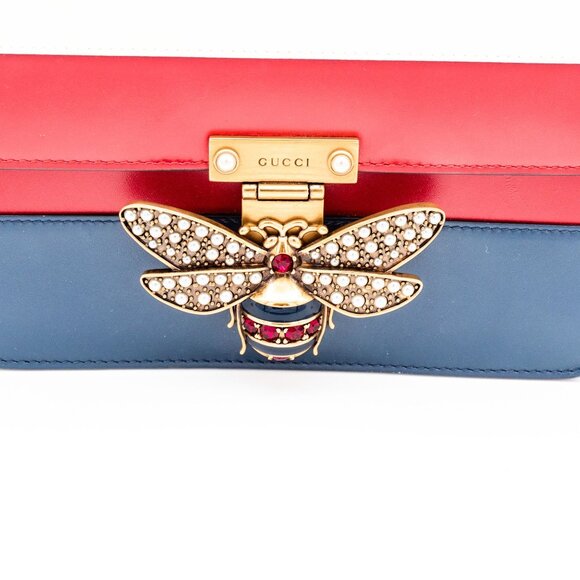 Gucci Sylvie Queen Margaret Tri-Color Leather Shoulder Bag With Bee Ornament & S - Picture 2 of 12